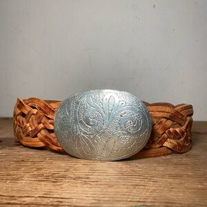 Women’s braided leather belt silver buckle western boho